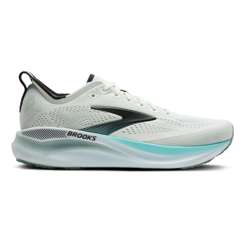 Brooks mens running shoe with white mesh upper, aqua midsole, and black accents