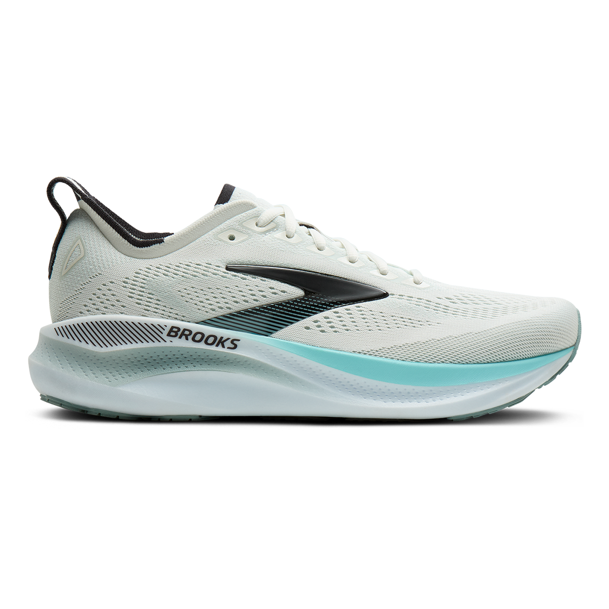 Brooks mens running shoe with white mesh upper, aqua midsole, and black accents