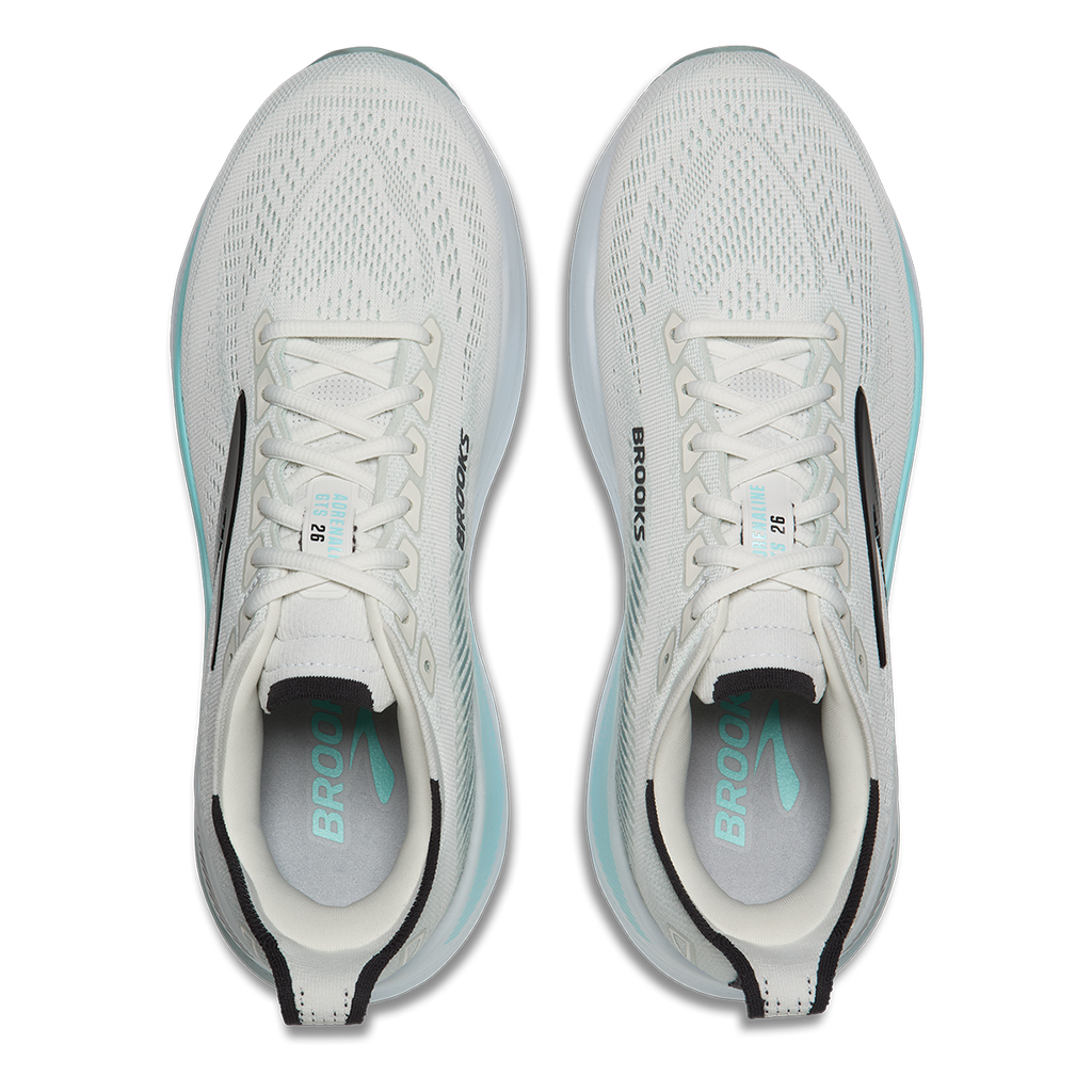 Brooks Adrenaline GTS 26 men's running shoes, top-down view of both shoes showing lacing and knit upper
