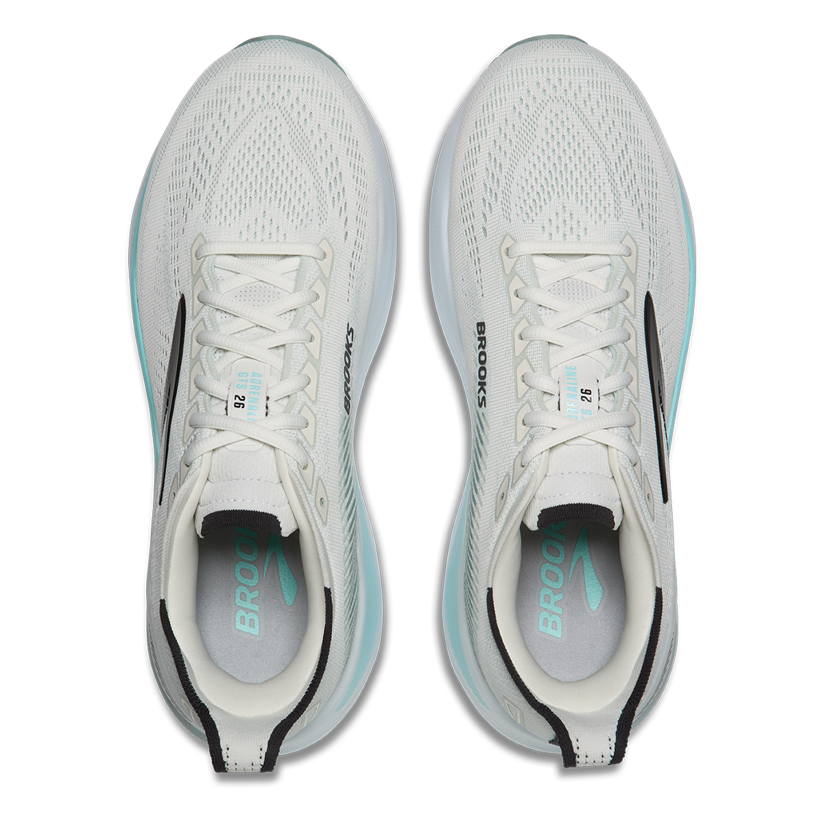 Brooks Adrenaline GTS 26 men's running shoes, top-down view of both shoes showing lacing and knit upper