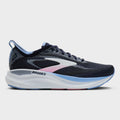 Brooks women's running shoe with knit upper, white midsole, and light blue heel accent