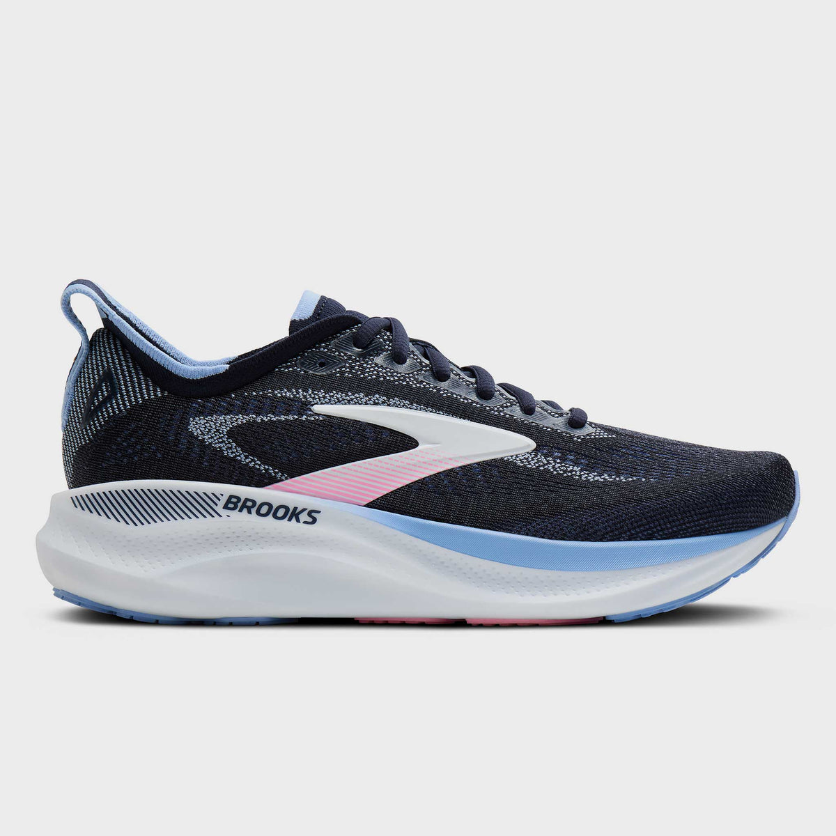 Brooks women's running shoe with knit upper, white midsole, and light blue heel accent