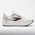 Brooks Ghost running shoe in off-white with black logo and pink brand lettering, lateral view