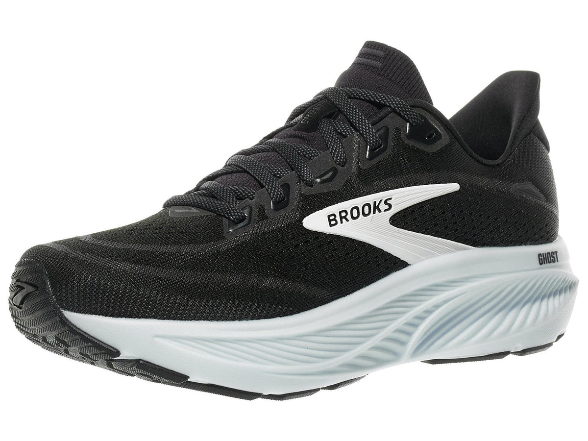 Brooks Ghost running shoe with black mesh upper and light grey cushioned midsole