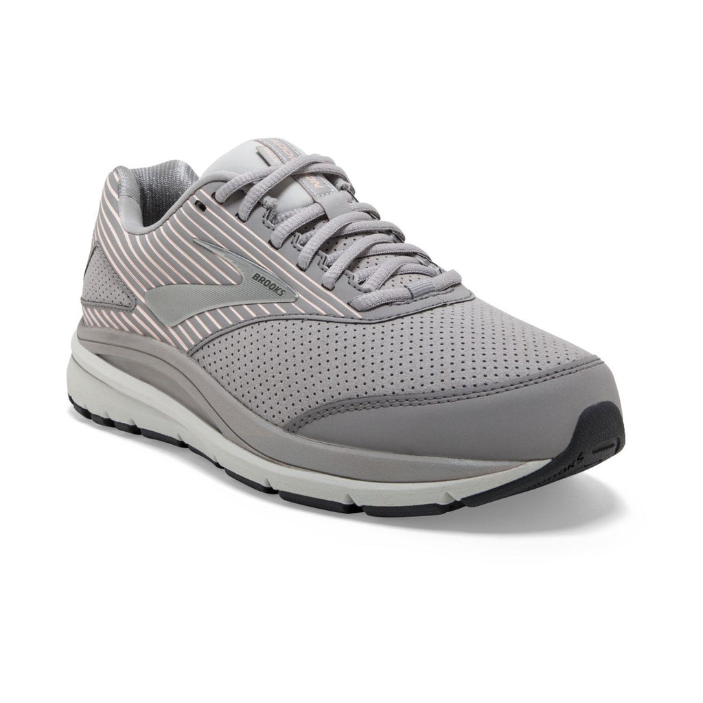 Brooks womens walking shoe in grey with pink stripe accents and thick cushioned sole