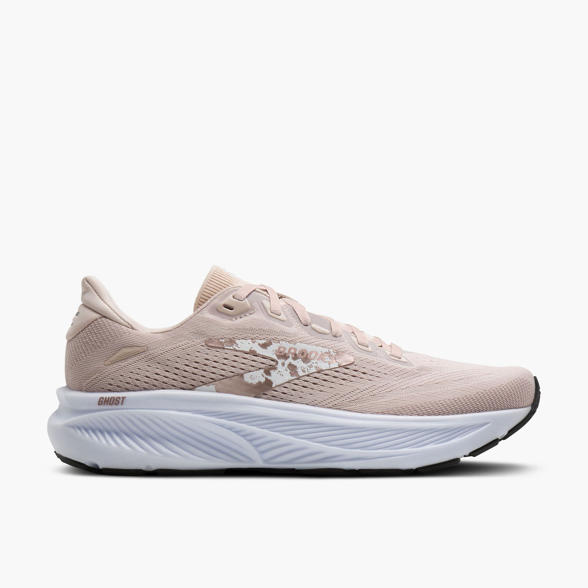 Brooks Ghost running shoe with mesh upper, cushioned white midsole, lateral side view