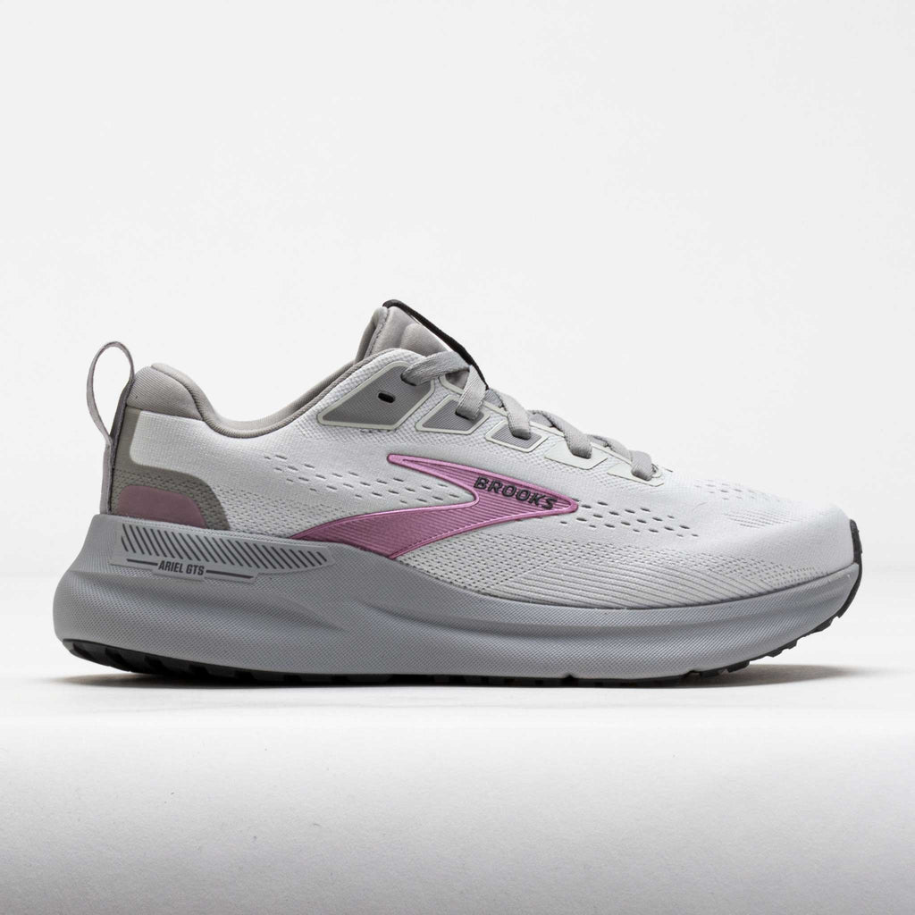 Brooks Ariel GTS 26 women's running shoe, lateral side view, white and gray with pink logo