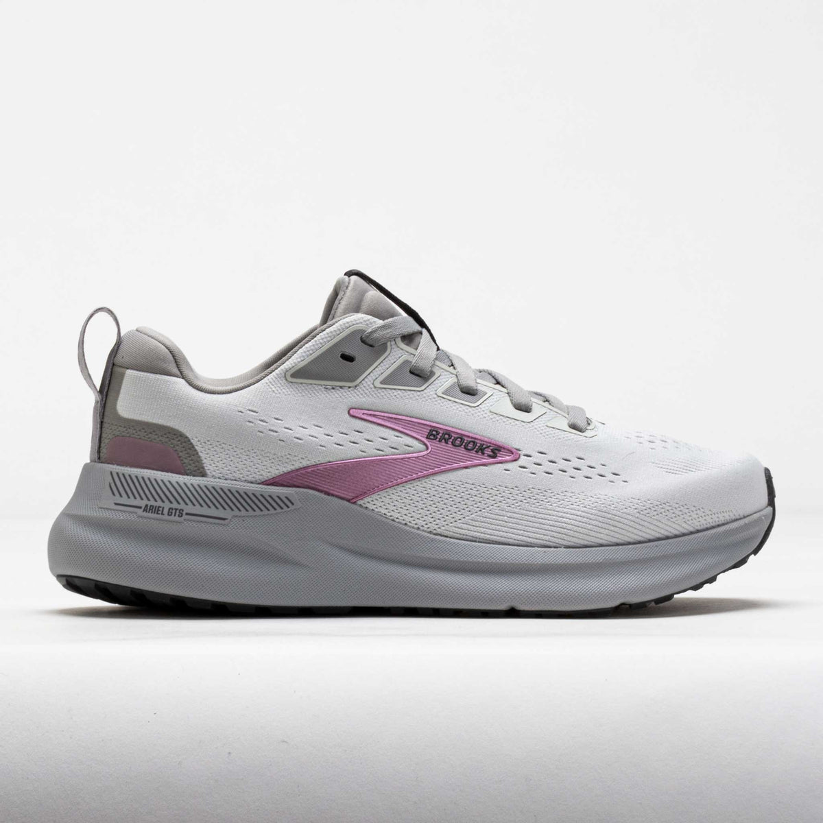 Brooks Ariel GTS 26 women's running shoe, lateral side view, white and gray with pink logo
