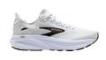 Brooks Ghost running shoe in white with black logo and rose gold accent lettering, lateral view
