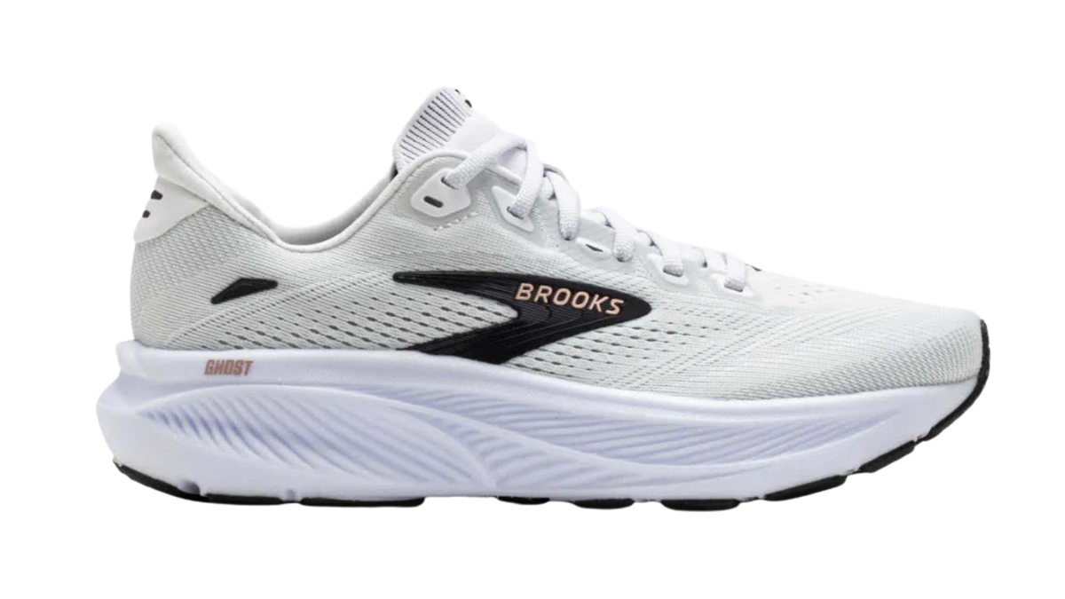 Brooks Ghost running shoe in white with black logo and rose gold accent lettering, lateral view