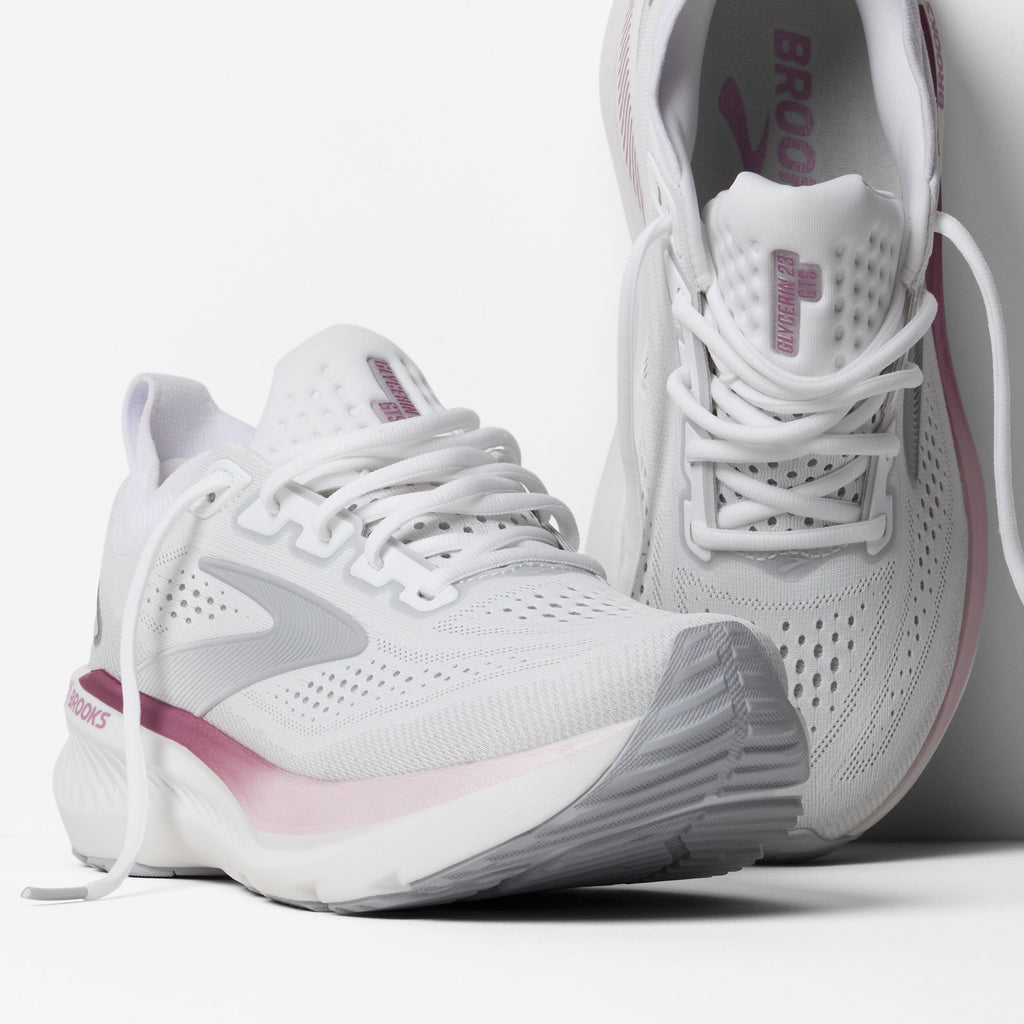 Brooks Glycerin GTS 23 women's running shoes with white mesh upper and pink accents
