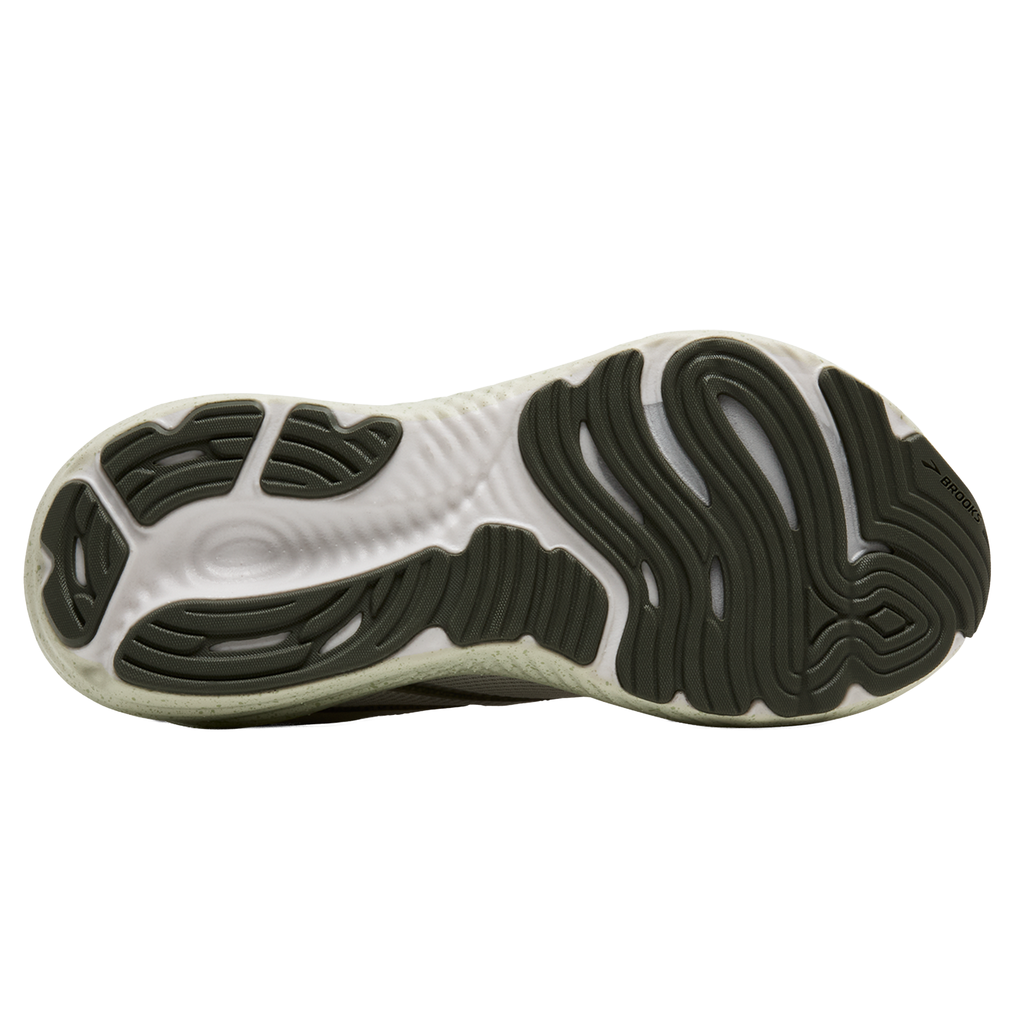Bottom outsole view of Brooks Glycerin 22 running shoe showing rubber traction pattern