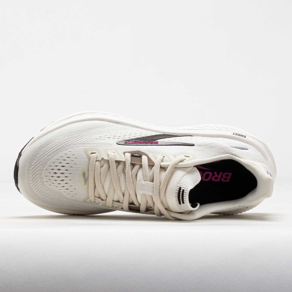 Brooks Ghost running shoe shown from above displaying lacing pattern and mesh upper