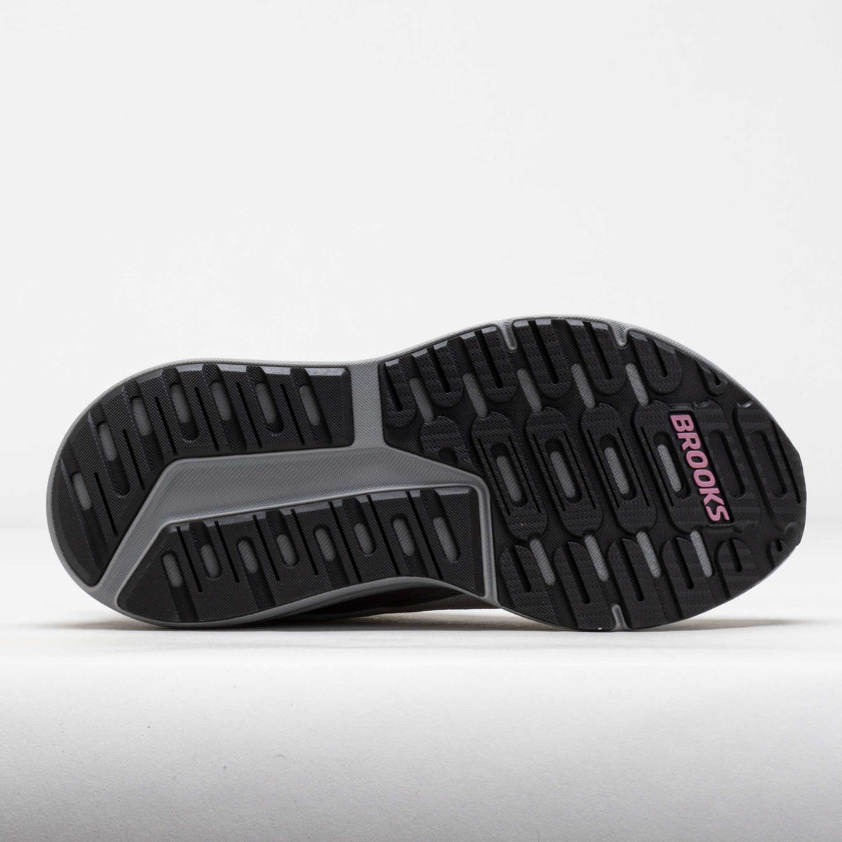 Bottom sole view of Brooks women's running shoe showing textured rubber outsole tread pattern