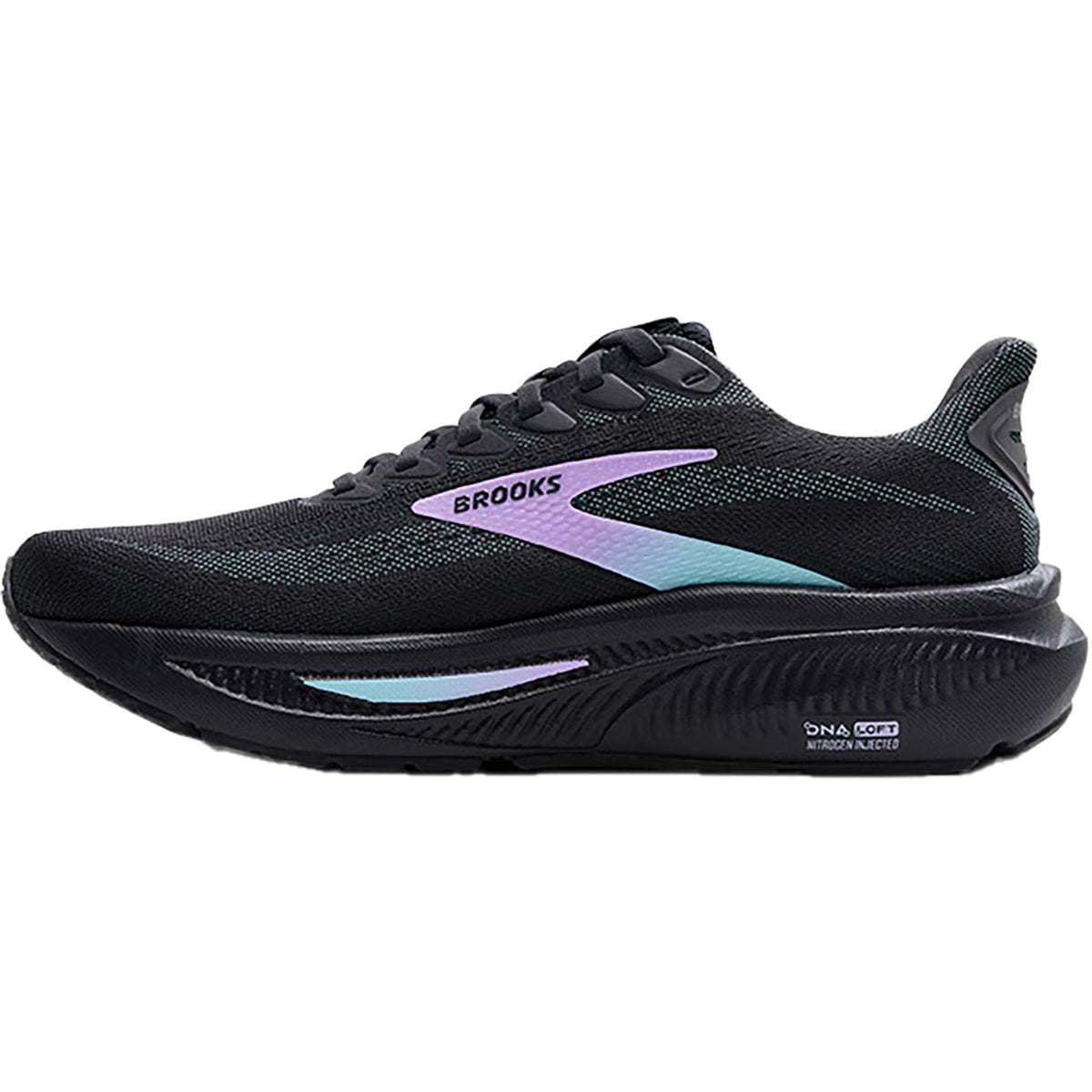 Brooks Ghost 17 women's running shoe in black with purple and teal accent details