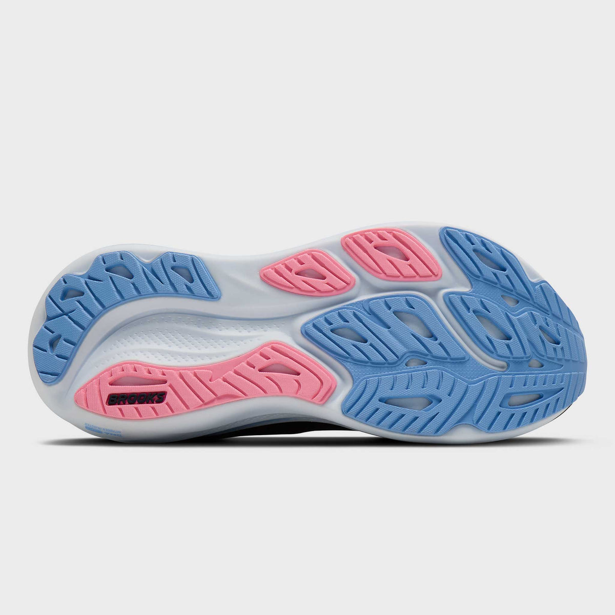 Bottom view of Brooks Adrenaline GTS 26 running shoe showing segmented rubber outsole pattern