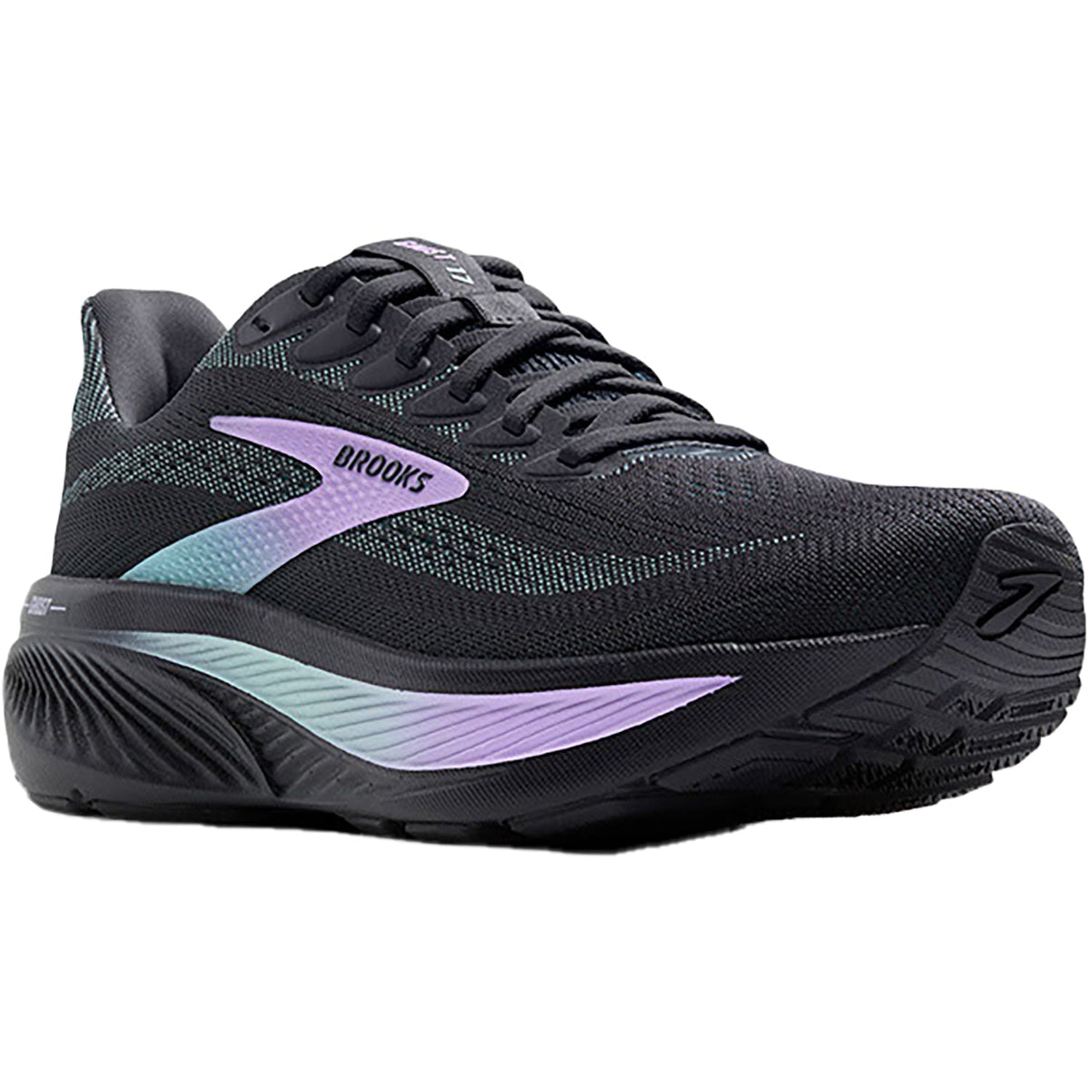 Brooks Ghost 17 womens running shoe with purple and teal accents on black upper