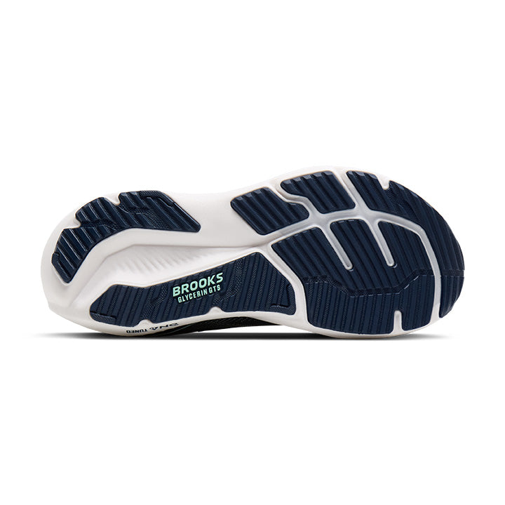 Bottom sole view of Brooks Glycerin GTS running shoe showing tread pattern and brand logo