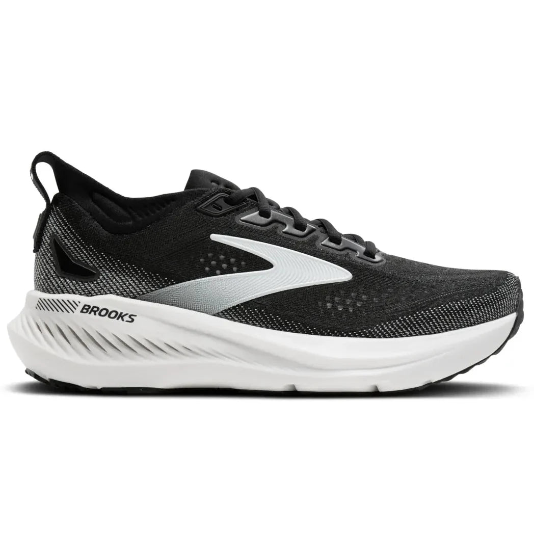 Brooks womens running shoe with black mesh upper and white cushioned midsole, lateral view