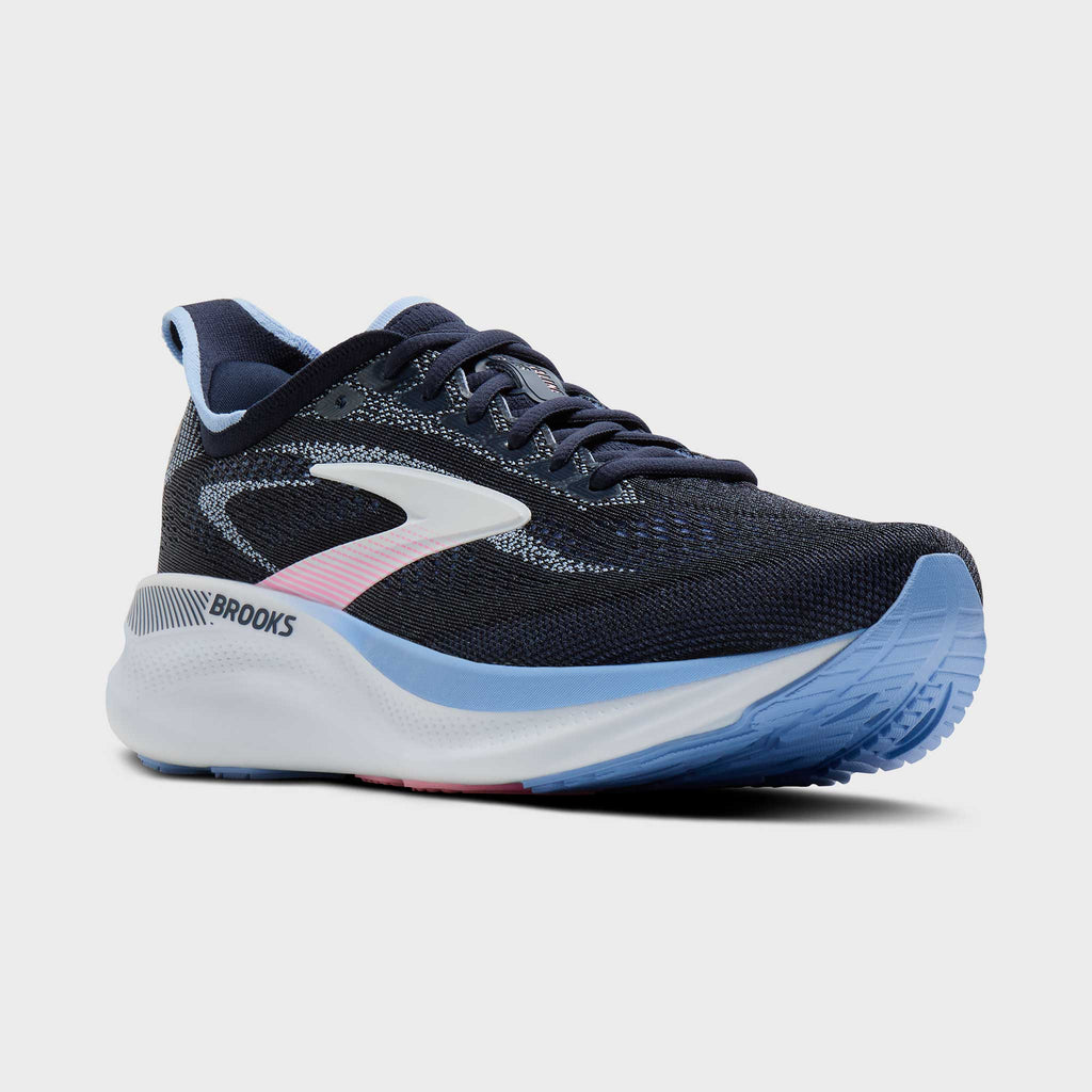 Brooks women's running shoe with navy mesh upper, light blue midsole, and pink accent