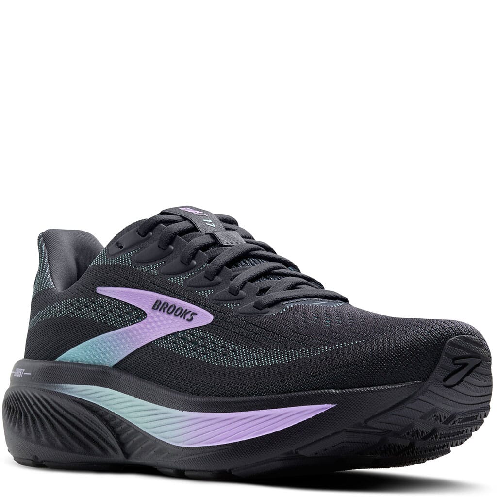 Brooks Ghost 17 women's running shoe with knit upper and cushioned midsole, angled view