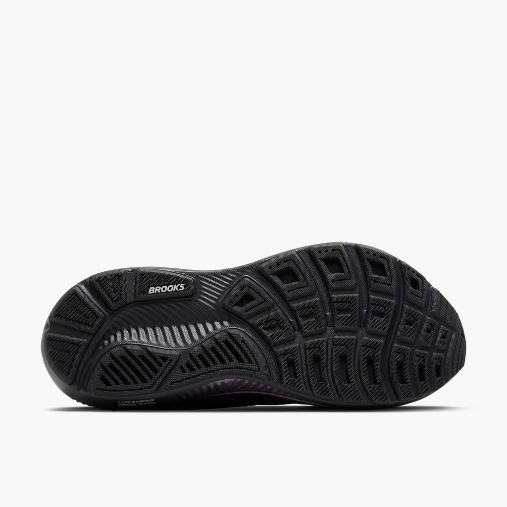 Bottom sole view of Brooks Ghost 18 running shoe showing tread pattern and branding