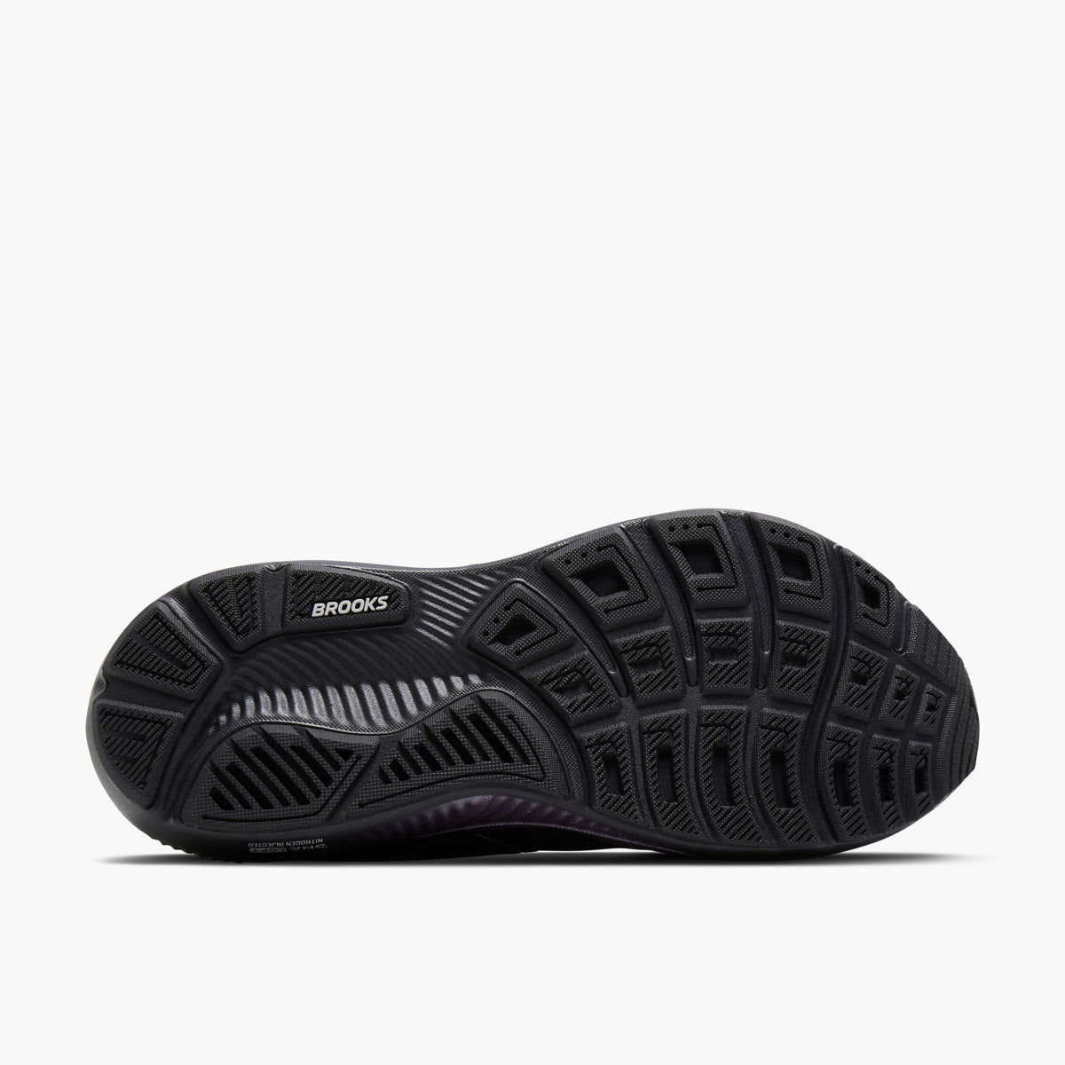 Bottom sole view of Brooks Ghost 18 running shoe showing tread pattern and branding