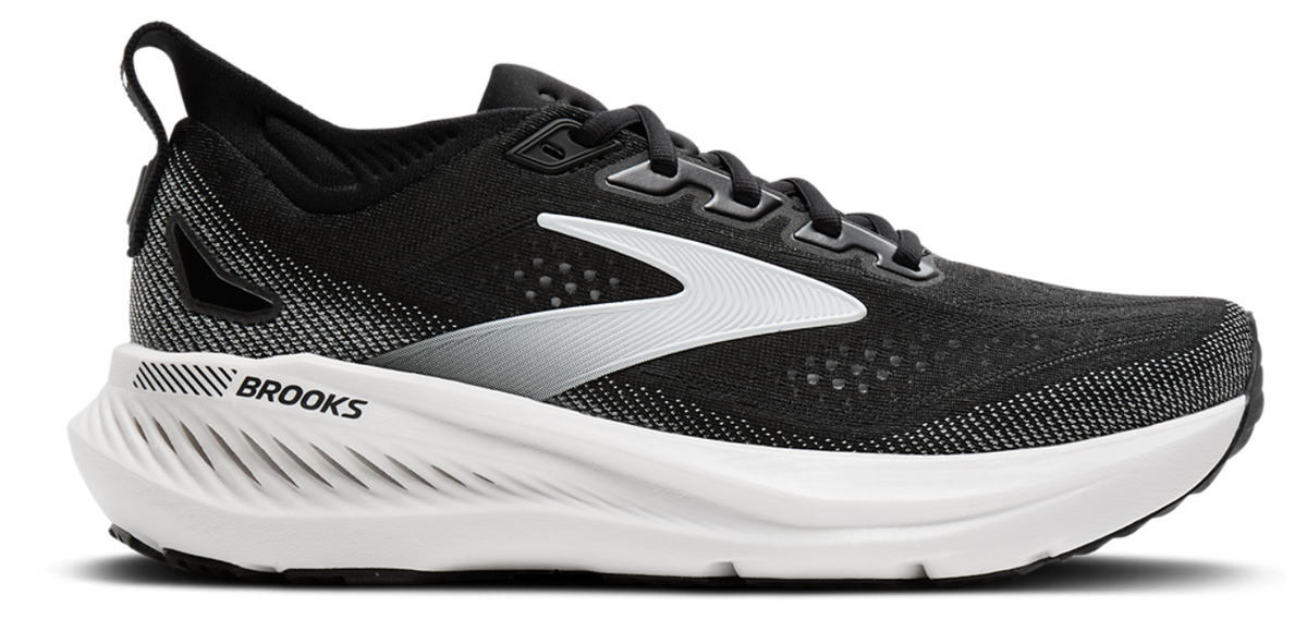 Brooks women's running shoe with black knit upper and white cushioned sole, lateral view