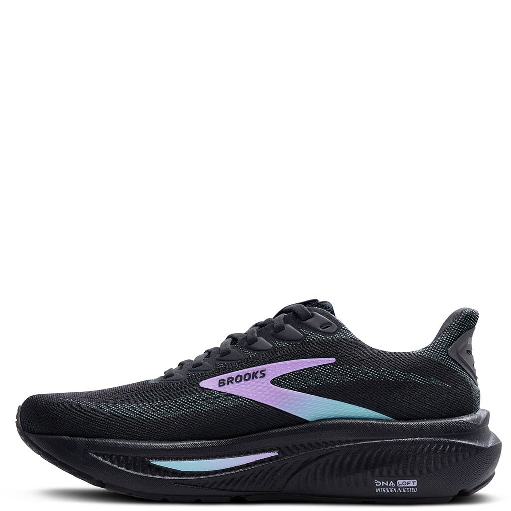 Brooks Ghost 17 womens running shoe in black with purple and teal accents, lateral view