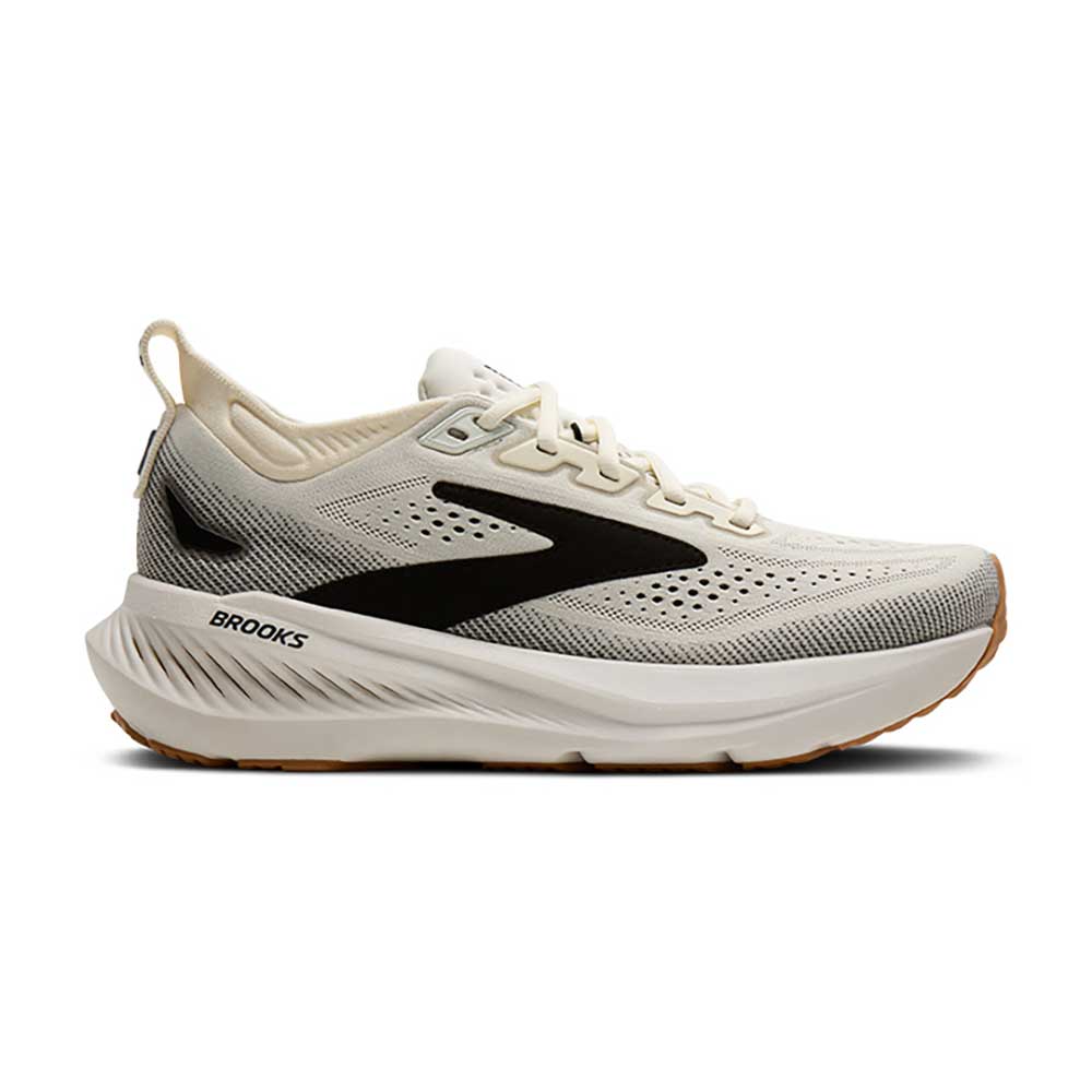 Brooks Glycerin 23 women's running shoe in white with black heel accent and gum outsole