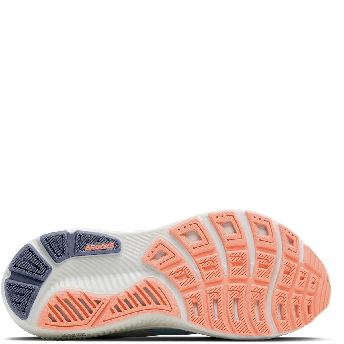 Bottom sole view of Brooks Ghost 18 running shoe showing outsole traction pattern