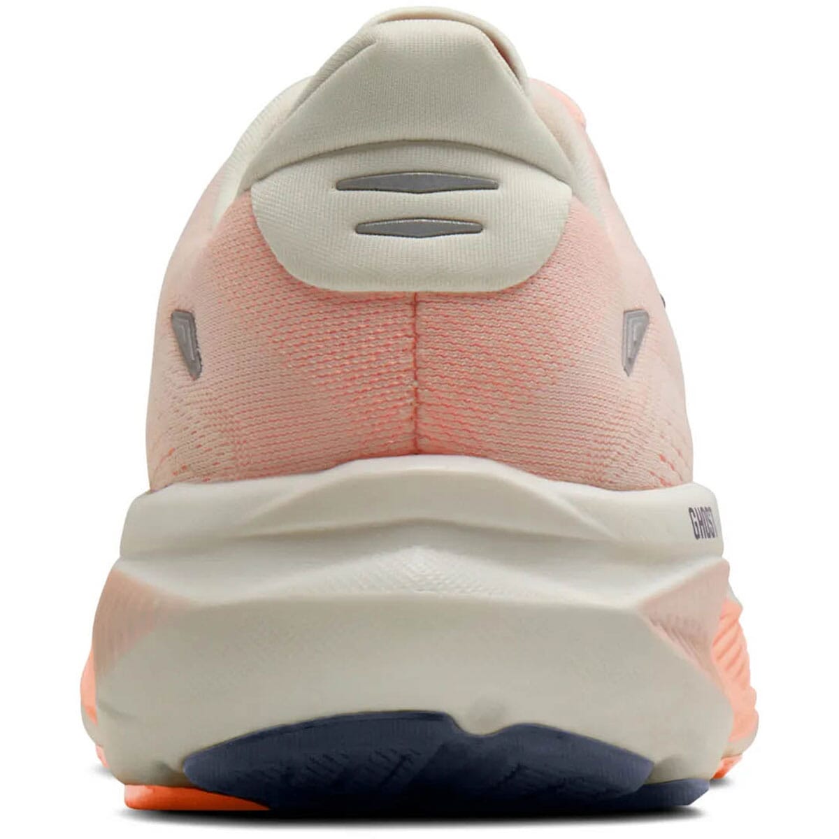 Brooks Ghost 18 womens running shoe shown from rear angle on white background