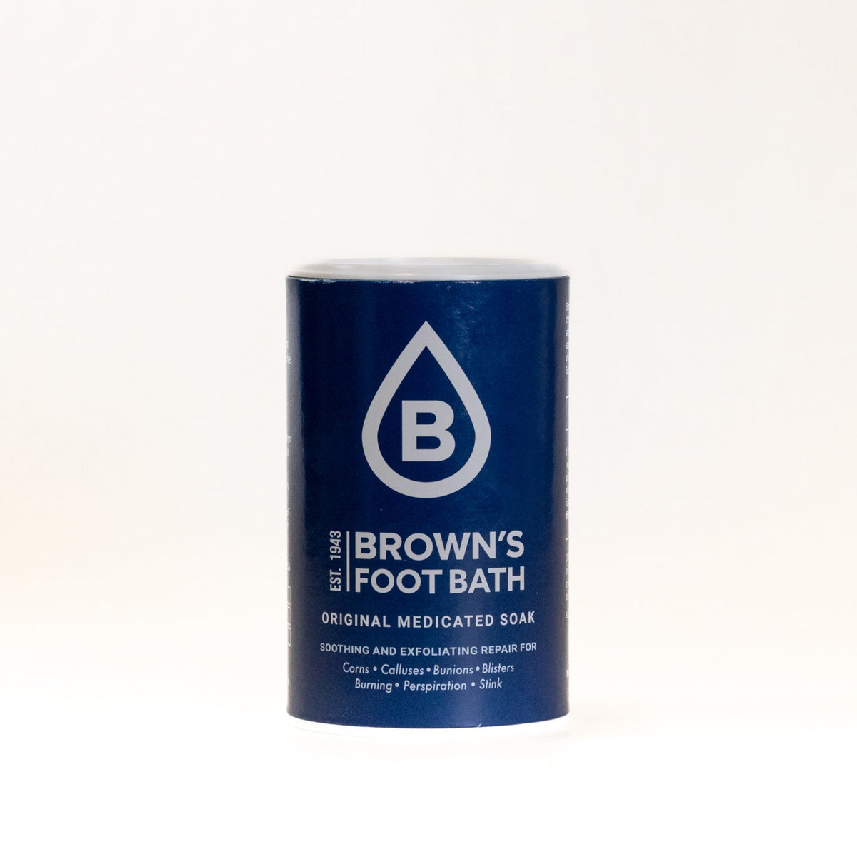 Brown's Foot Bath Original Medicated Soak cylindrical canister established 1943