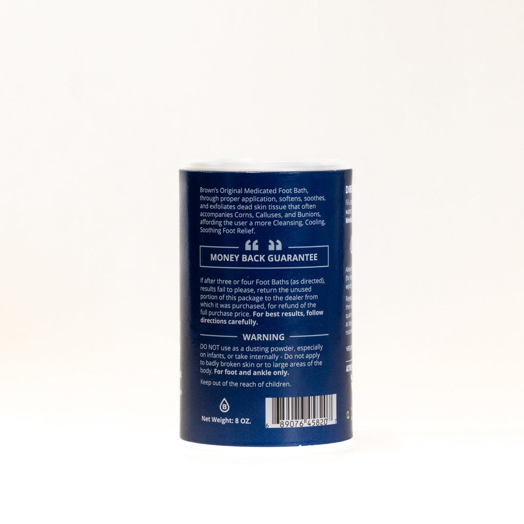 Back view of Brown's Original Medicated Foot Bath canister showing product details and warnings