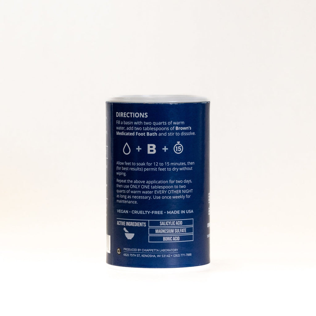 Back label of Brown's Medicated Foot Bath showing directions and active ingredients