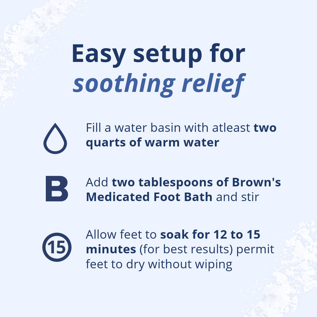 Three-step instructional graphic showing how to use Brown's Medicated Foot Bath for soothing relief