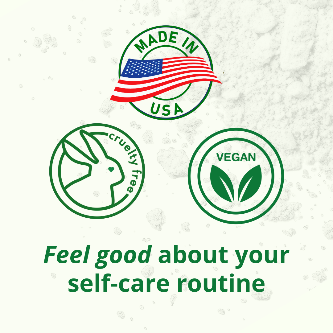 Brown's Foot Duster certifications: Made in USA, cruelty free, and vegan badges displayed