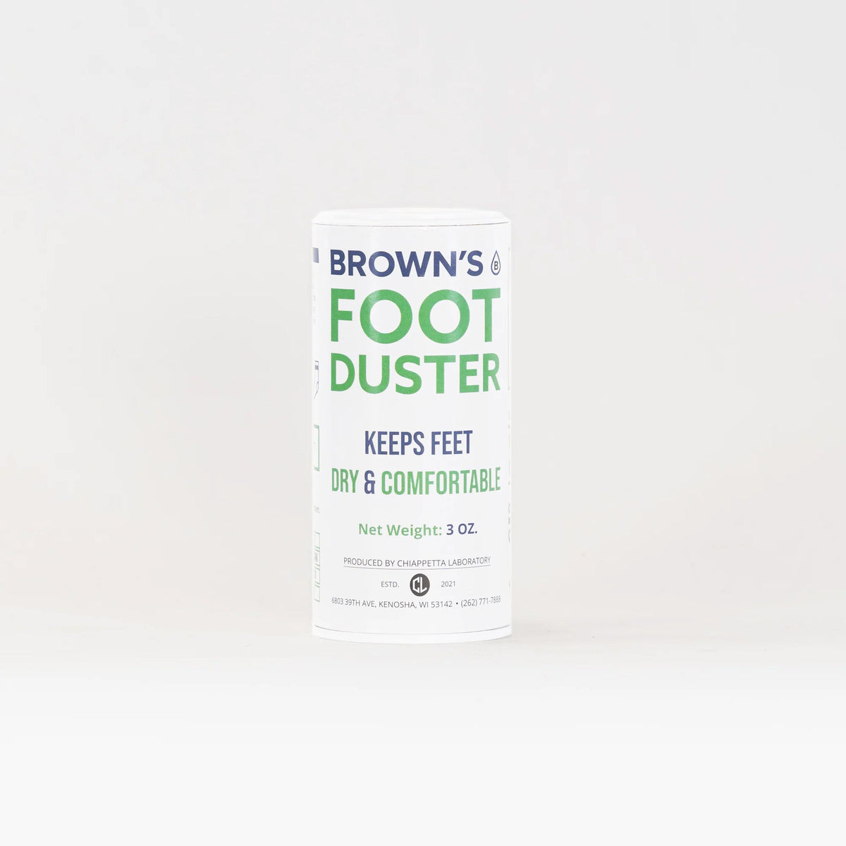 Brown's Foot Duster 3 oz cylindrical powder canister for dry and comfortable feet
