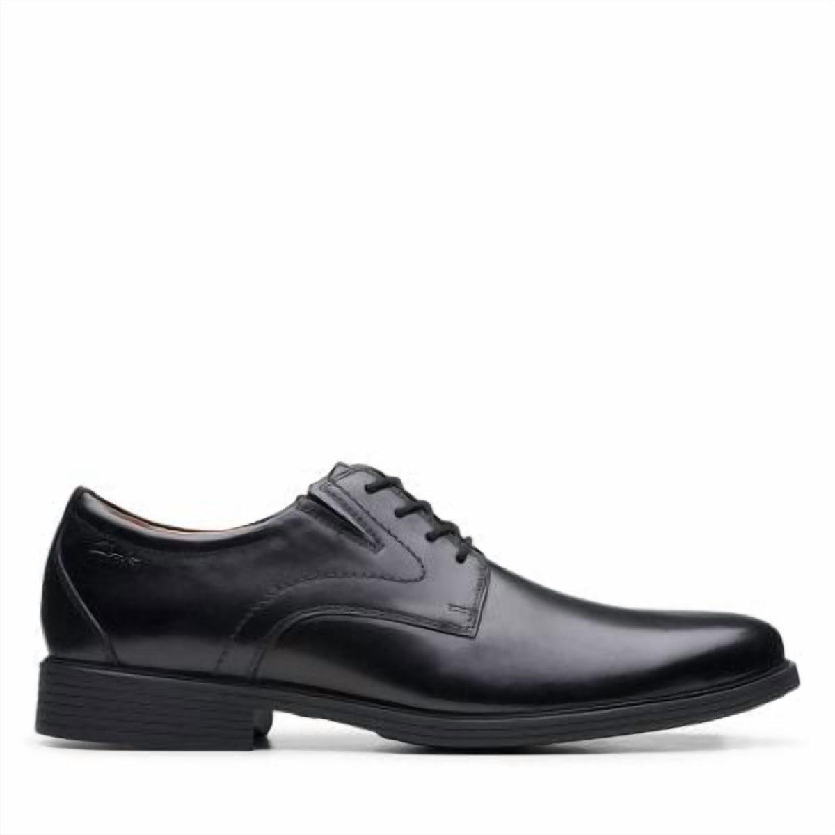 Clarks men's plain toe Derby dress shoe with lace-up closure and leather upper, lateral view