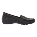 Clarks women's slip-on loafer with penny strap detail and cushioned sole, lateral view