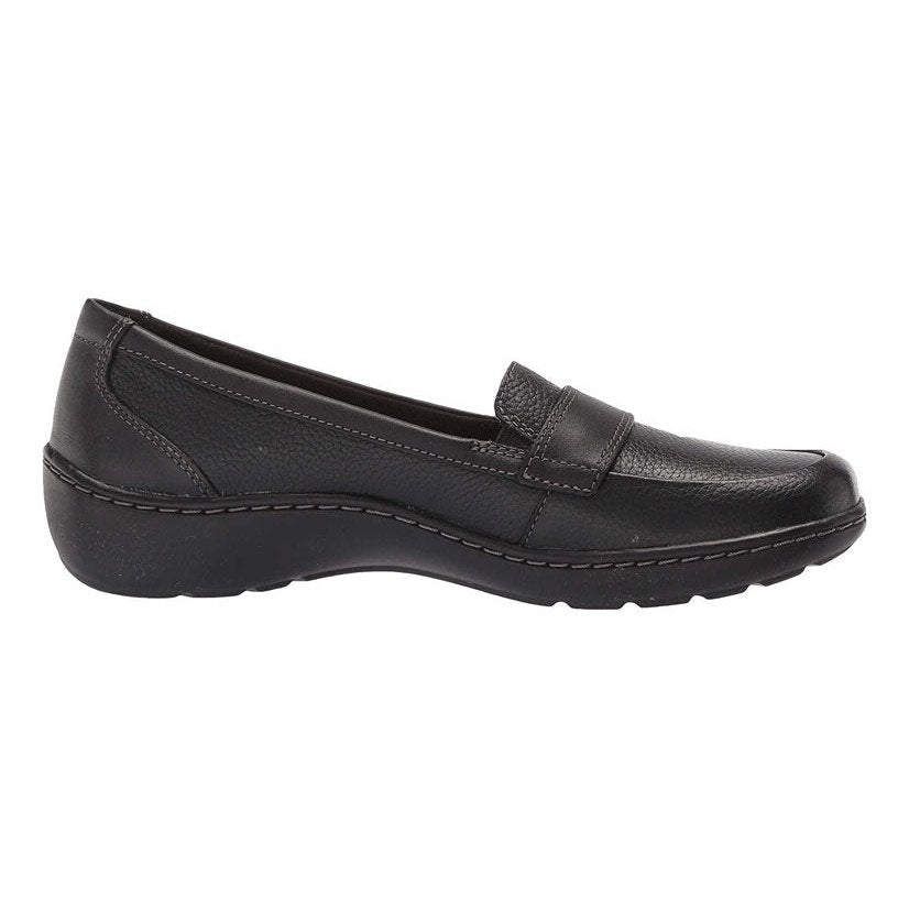 Clarks women's slip-on loafer with penny strap detail and cushioned sole, lateral view