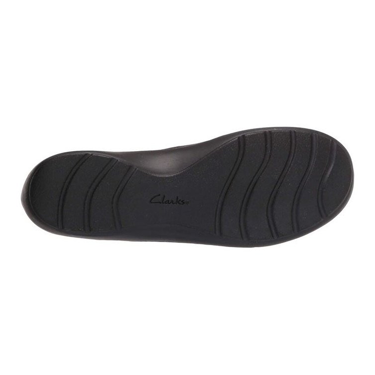 Bottom sole view of Clarks womens flat shoe showing tread pattern and brand logo