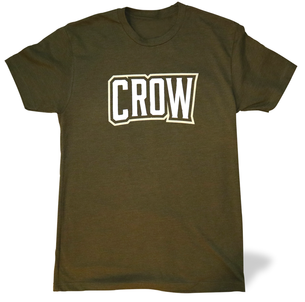 Crowe brand military green heather t-shirt with bold CROW graphic print on chest