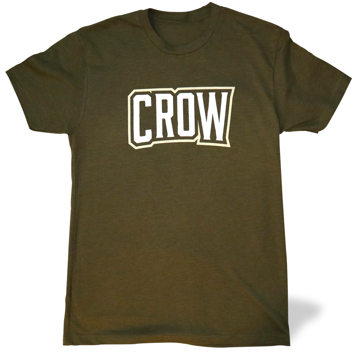Crowe brand military green heather t-shirt with bold CROW graphic print on chest