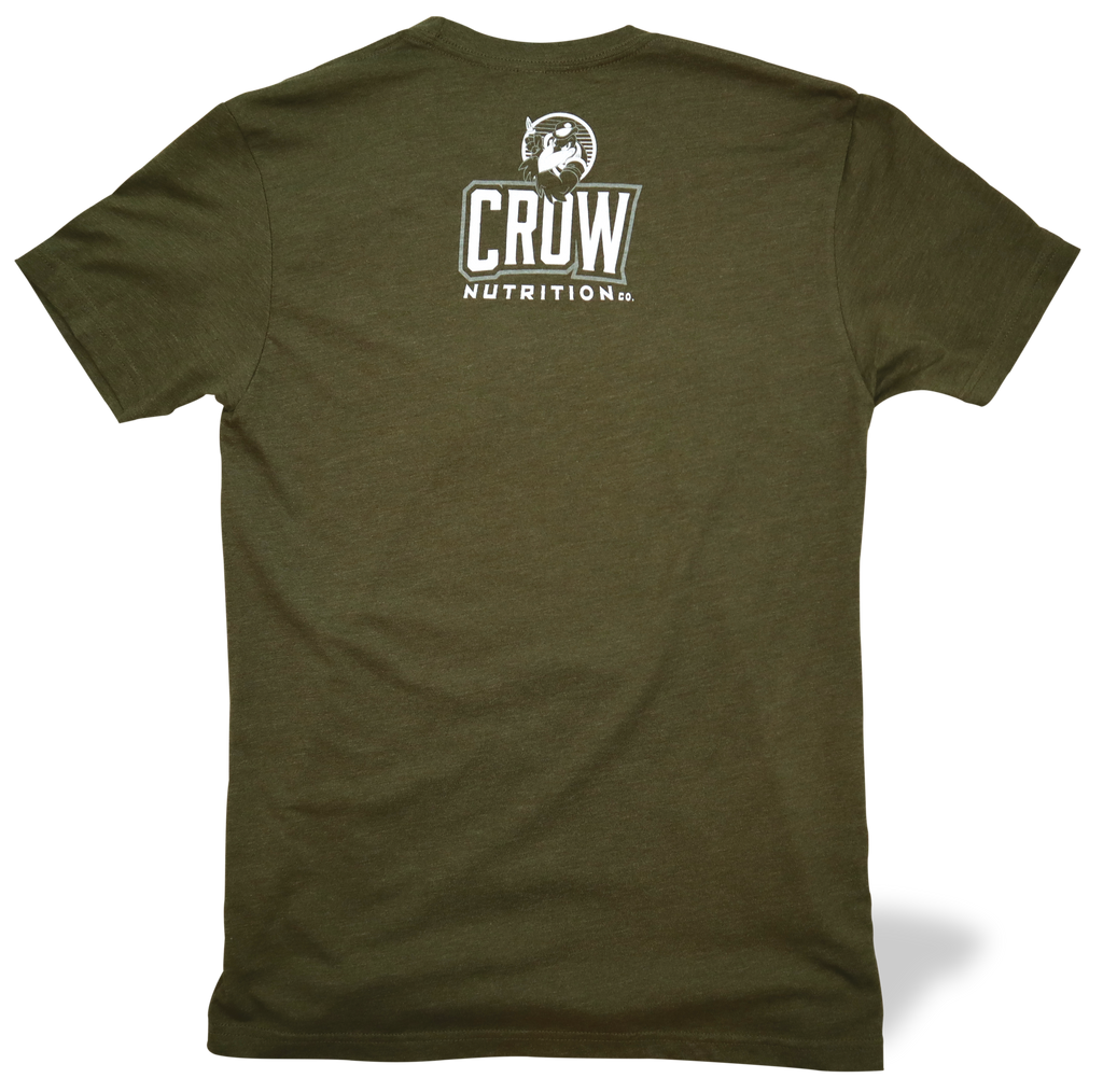 Back view of Crow Nutrition Co. short sleeve t-shirt with logo graphic at upper back