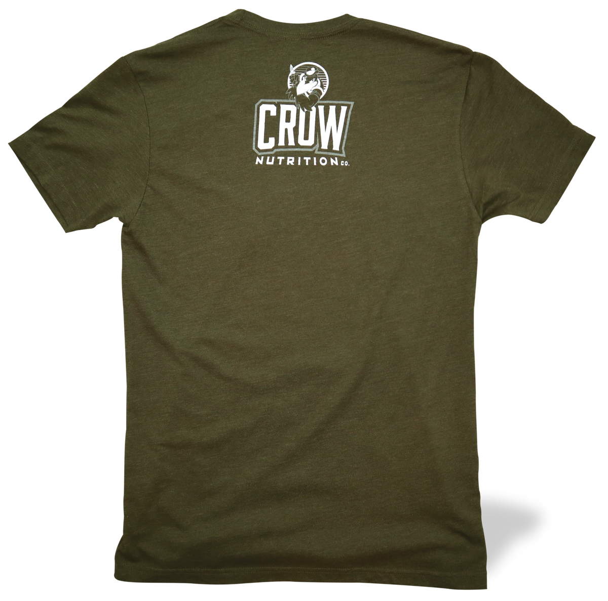 Back view of Crow Nutrition Co. short sleeve t-shirt with logo graphic at upper back