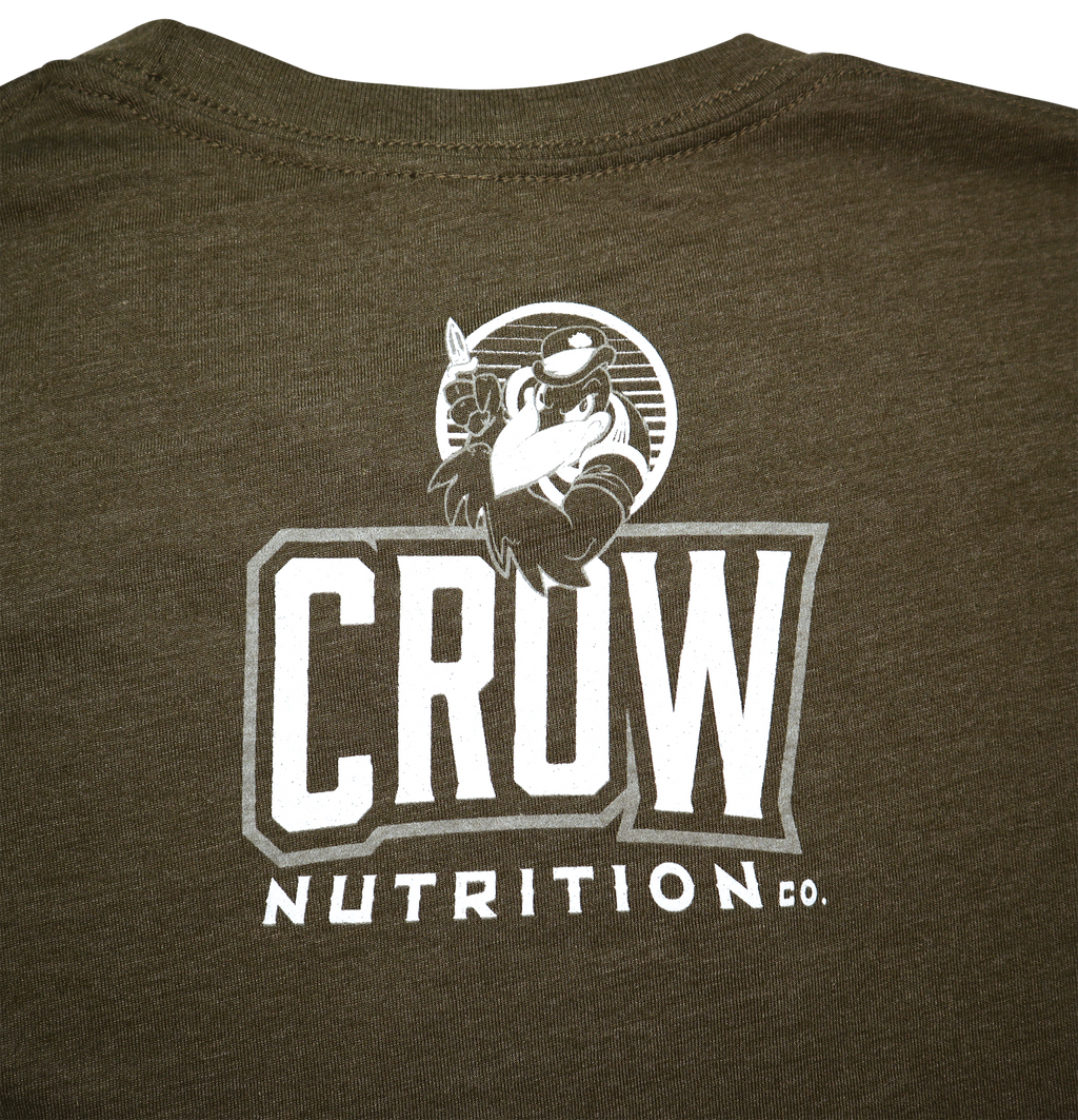Close-up of Crow Nutrition Co. logo printed on a heather green t-shirt