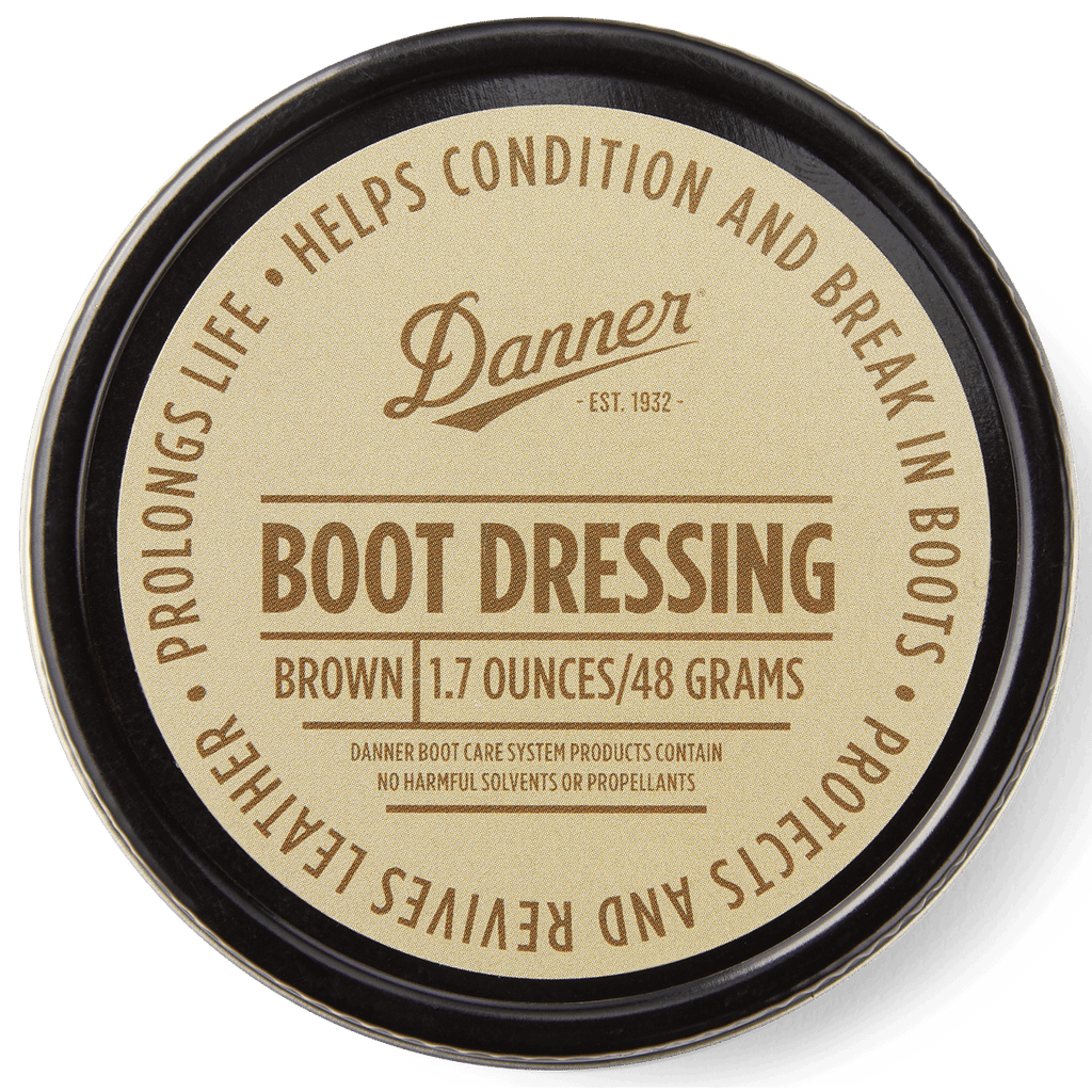 Danner Boot Dressing tin in brown, 1.7 ounce leather conditioning product, top view