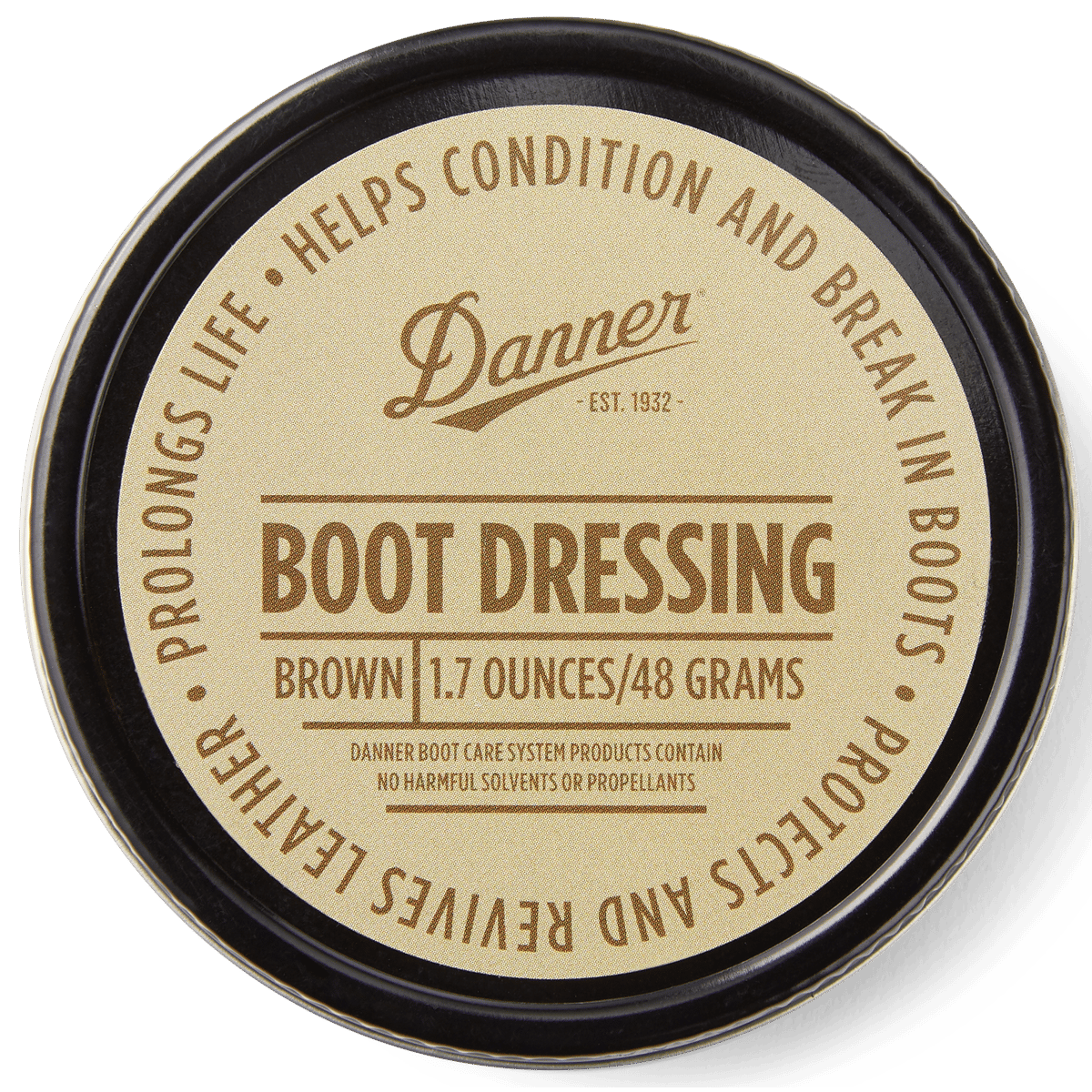 Danner Boot Dressing tin in brown, 1.7 ounce leather conditioning product, top view