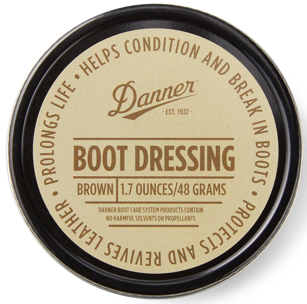 Top-down view of Danner Boot Dressing tin, 1.7 ounces, brown conditioning wax